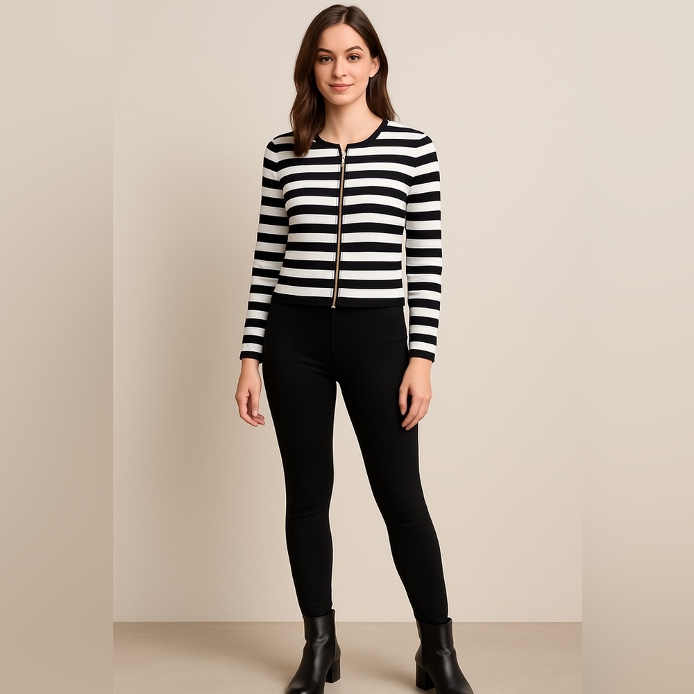 Collarless Zip-Front Knit Blazer Black & White Sz L